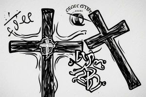 Cross with eye above last name in cross tattoo idea