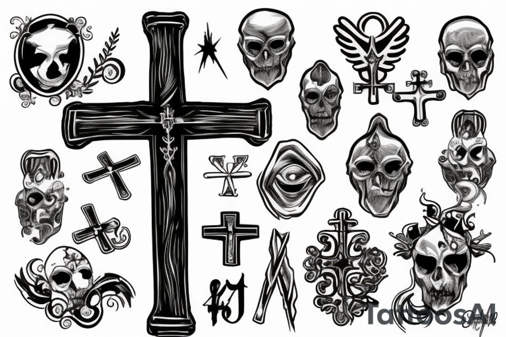Cross with eye above last name in cross tattoo idea