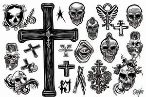Cross with eye above last name in cross tattoo idea