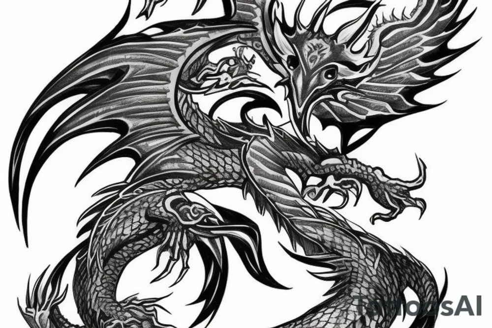 Cybertribal dragon under knee, wings around the knee tattoo idea
