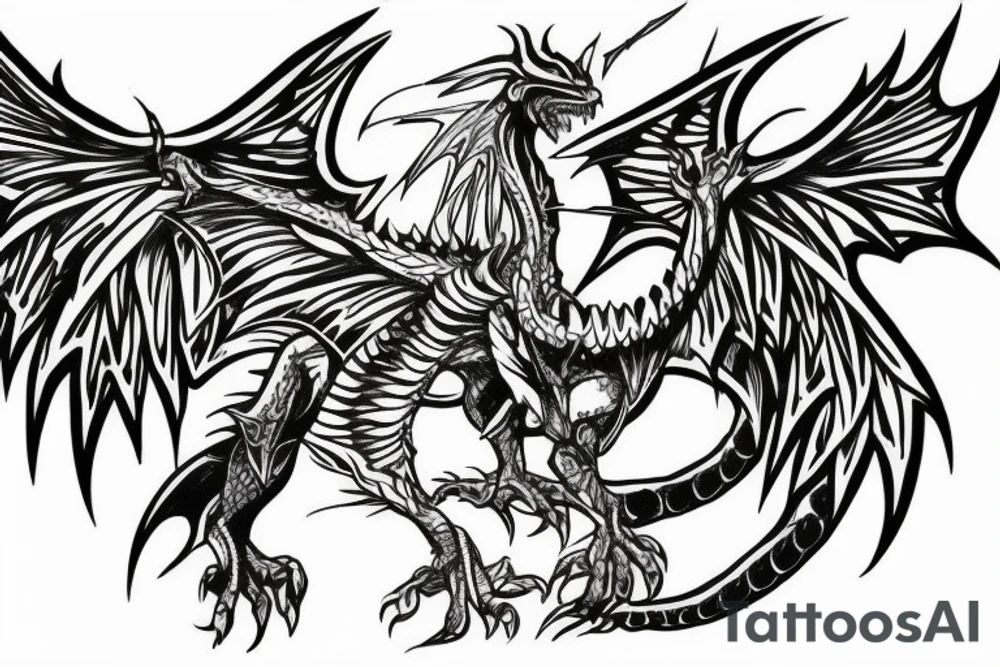 Cybertribal dragon under knee, wings around the knee tattoo idea