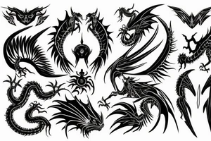 Cybertribal dragon under knee, wings around the knee tattoo idea