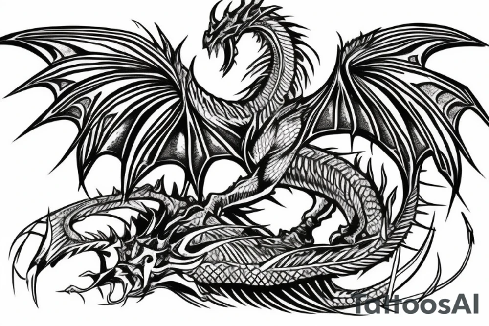 Cybertribal dragon under knee, wings around the knee tattoo idea