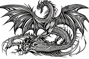 Cybertribal dragon under knee, wings around the knee tattoo idea