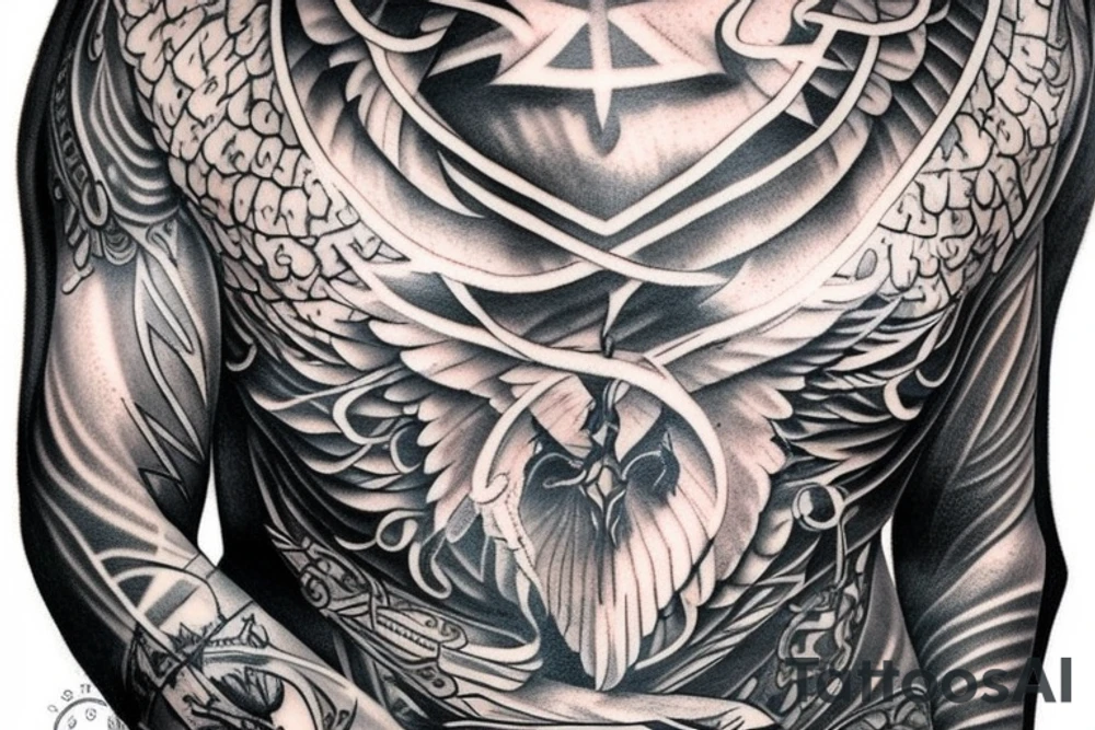 archangel tatto in the middle of the chest tattoo idea