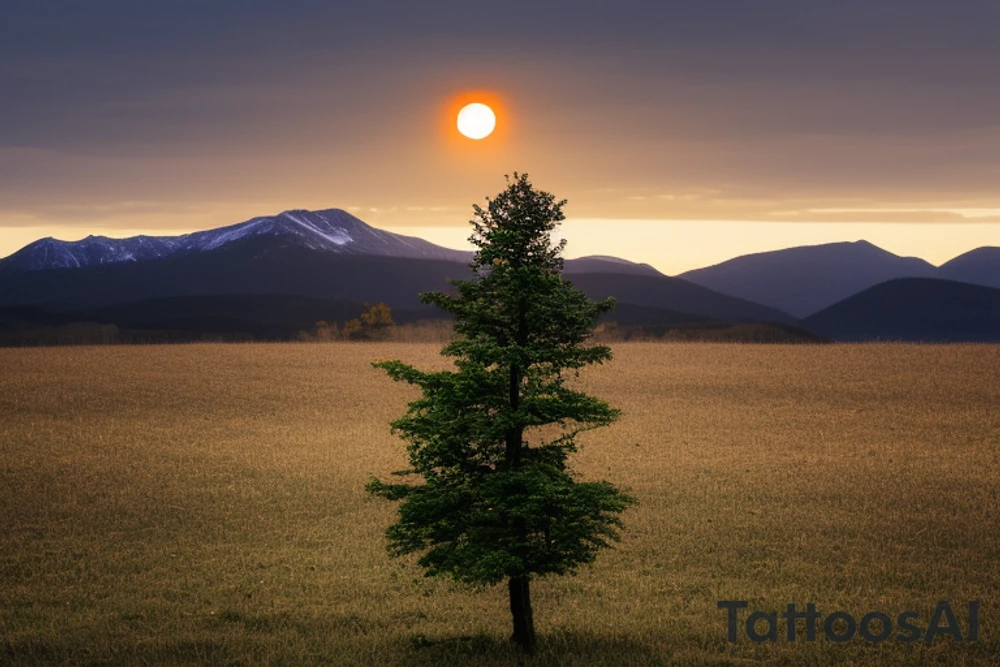 a mountain landscape with a rising sun in the background, and a tree in the foreground that appears to be standing alone, but upon closer inspection, has new growth and life sprouting from its branches. This can symbolize triumph through loss and the resilience of nature to bounce back even after devastation, as well as the individual's own ability to overcome adversity and come out stronger on the other side. The mountain and rising sun can also represent new beginnings and a bright future ahead. tattoo idea