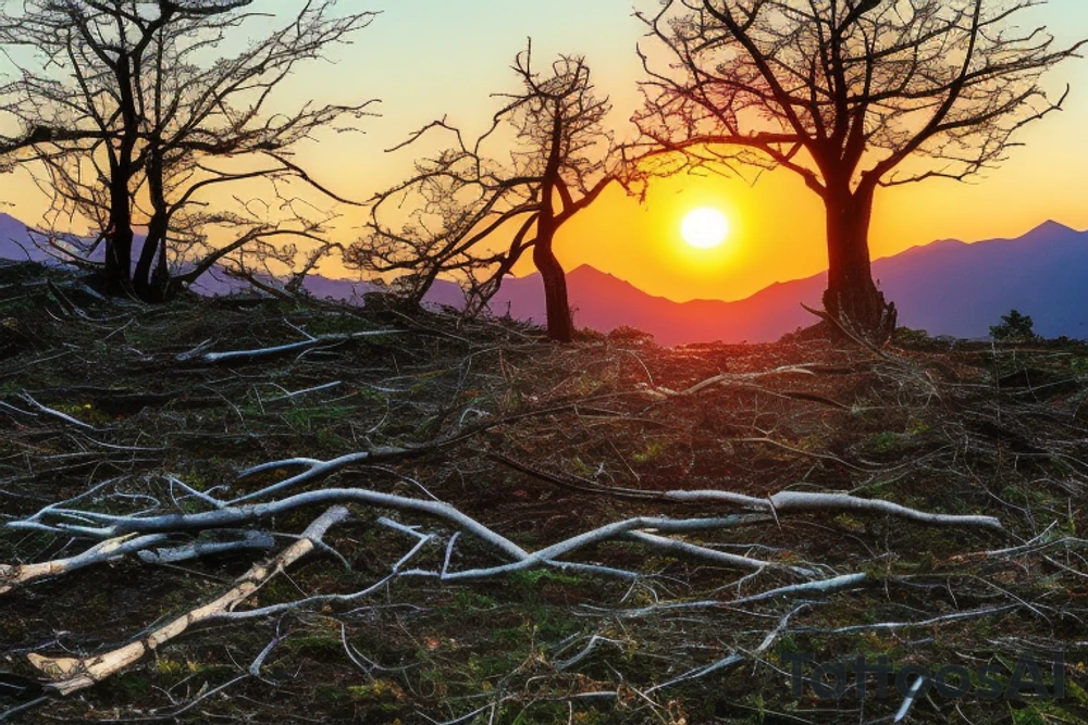 a mountain landscape with a rising sun in the background, and a tree in the foreground that appears to be standing alone, but upon closer inspection, has new growth and life sprouting from its branches. This can symbolize triumph through loss and the resilience of nature to bounce back even after devastation, as well as the individual's own ability to overcome adversity and come out stronger on the other side. The mountain and rising sun can also represent new beginnings and a bright future ahead. tattoo idea