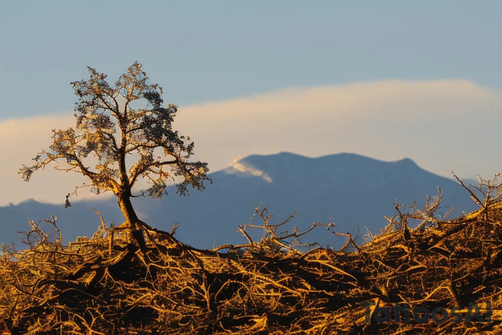 a mountain landscape with a rising sun in the background, and a tree in the foreground that appears to be standing alone, but upon closer inspection, has new growth and life sprouting from its branches. This can symbolize triumph through loss and the resilience of nature to bounce back even after devastation, as well as the individual's own ability to overcome adversity and come out stronger on the other side. The mountain and rising sun can also represent new beginnings and a bright future ahead. tattoo idea