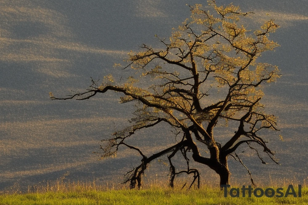 a mountain landscape with a rising sun in the background, and a tree in the foreground that appears to be standing alone, but upon closer inspection, has new growth and life sprouting from its branches. This can symbolize triumph through loss and the resilience of nature to bounce back even after devastation, as well as the individual's own ability to overcome adversity and come out stronger on the other side. The mountain and rising sun can also represent new beginnings and a bright future ahead. tattoo idea