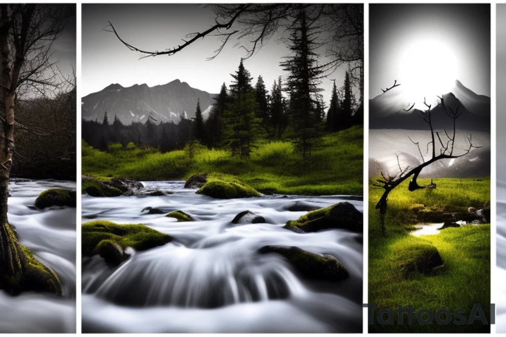 a mountain landscape with a rising sun in the background, and a tree in the foreground that appears to be standing alone, but upon closer inspection, has new growth and life sprouting from its branches and is being brought into life by a stream running alongside tattoo idea