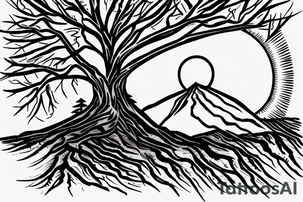 a mountain landscape with a rising sun in the background, and a tree in the foreground that appears to be standing alone, but upon closer inspection, has new growth and life sprouting from its branches and is being brought into life by a stream running alongside tattoo idea