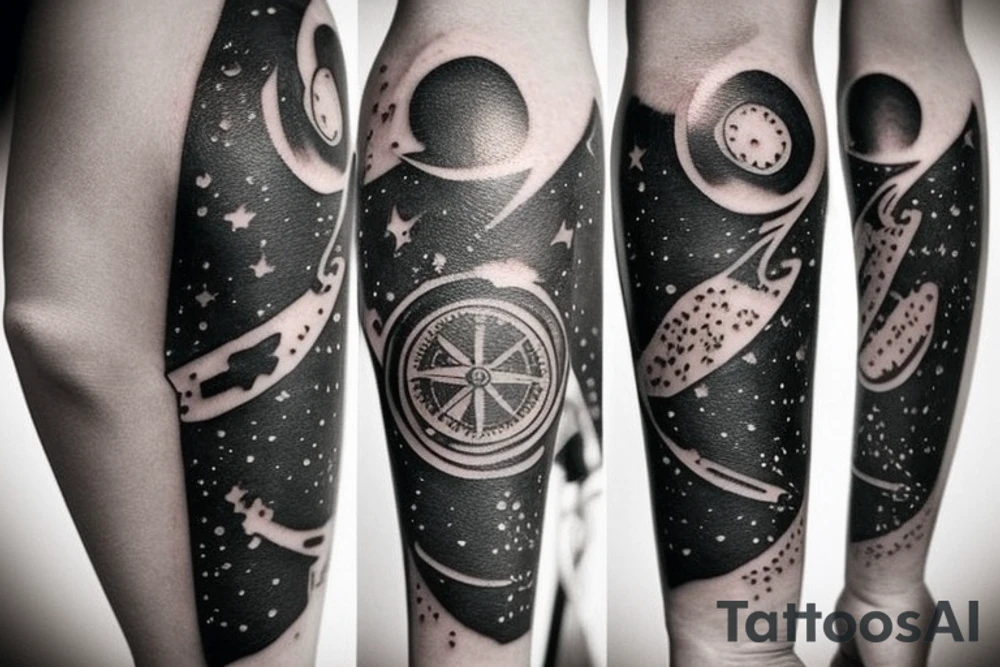 create a tattoo with the concept of navigation and compass it can contain objects from space like galaxies and stars it should fit in the forearm tattoo idea