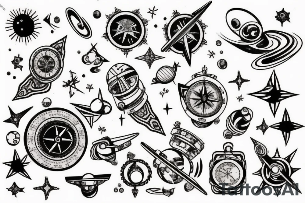 create a tattoo with the concept of navigation and compass it can contain objects from space like galaxies and stars it should fit in the chest tattoo idea