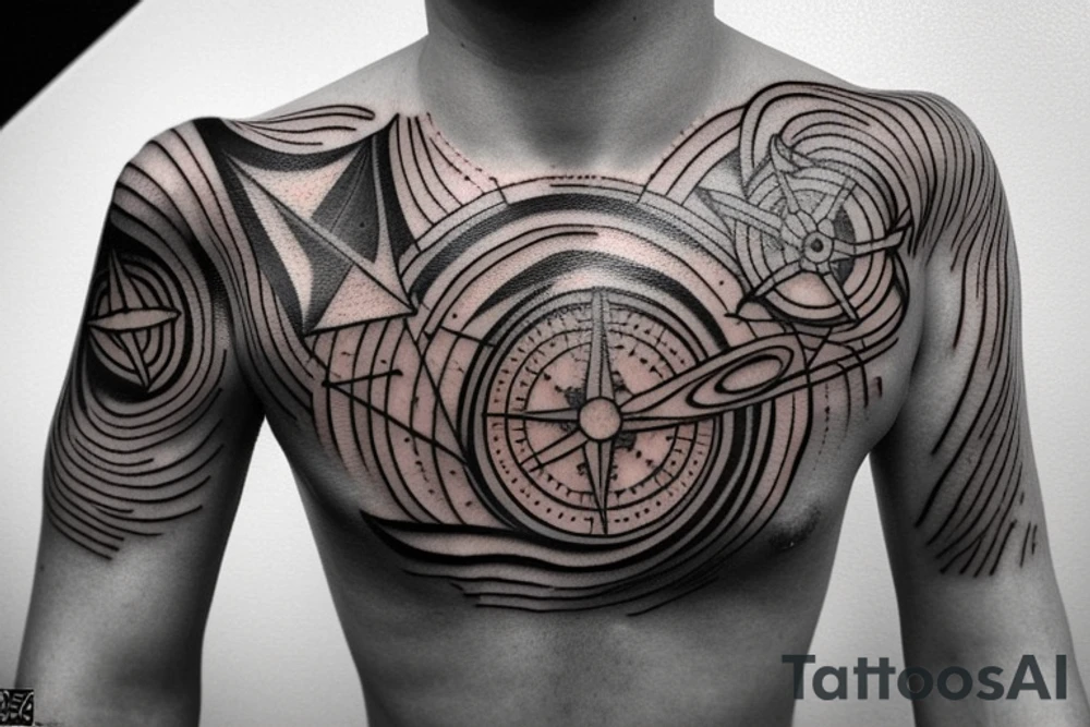 create a tattoo with the concept of navigation and compass it can contain objects from space like galaxies and stars it should fit in the chest tattoo idea