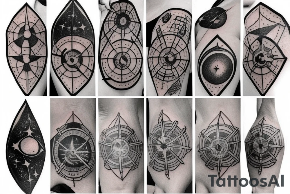 create a tattoo with the concept of navigation and compass it can contain objects from space like galaxies and stars it should fit in the chest tattoo idea