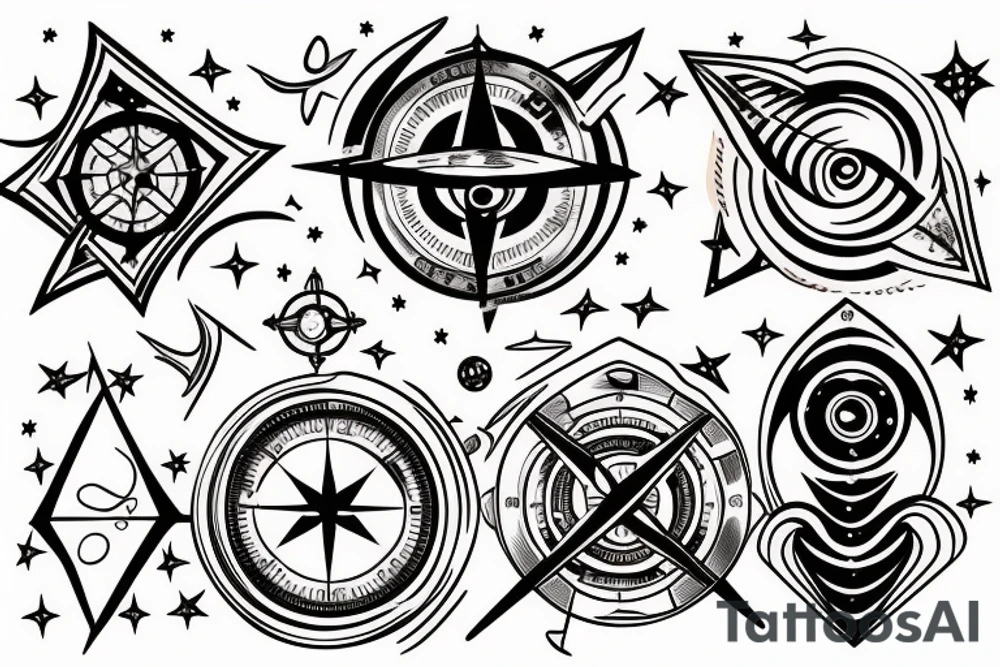 create a tattoo with the concept of navigation and compass it can contain objects from space like galaxies and stars it should fit in the chest tattoo idea