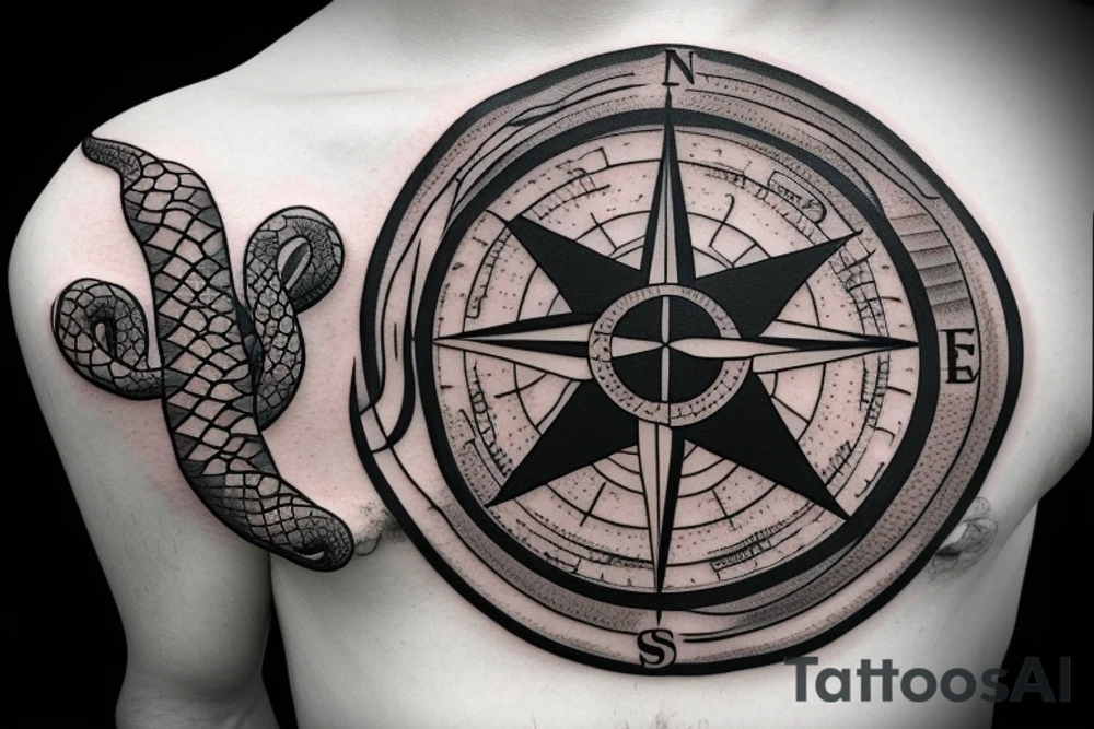 create a compass and snake themed tattoo it should fit in the left chest and it should be small you can use elements from space and sky tattoo idea