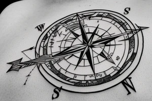 create a compass themed tattoo but outlines of the compass should be like solar system's orbit and "W" "E" "S" "N" latters should be mini planets tattoo idea