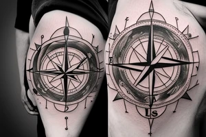 create a compass themed tattoo but outlines of the compass should be like solar system's orbit and "W" "E" "S" "N" latters should be mini planets tattoo idea
