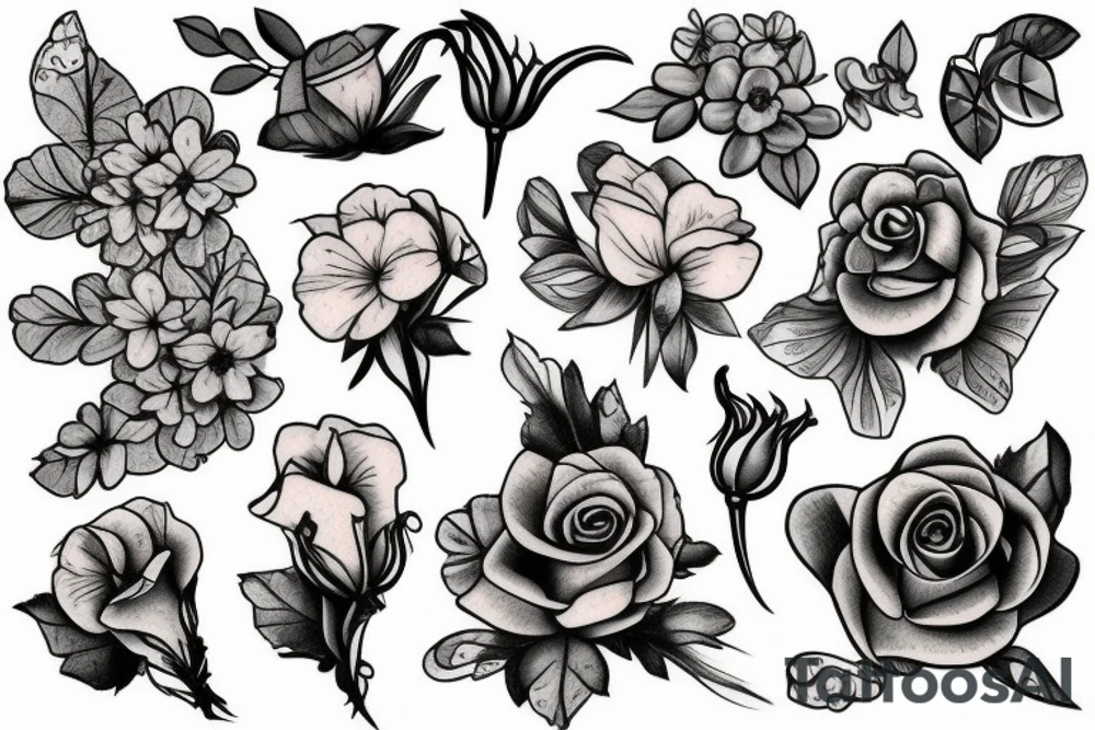 forget me not flower, rose, violet, primrose, honeysuckle tattoo idea