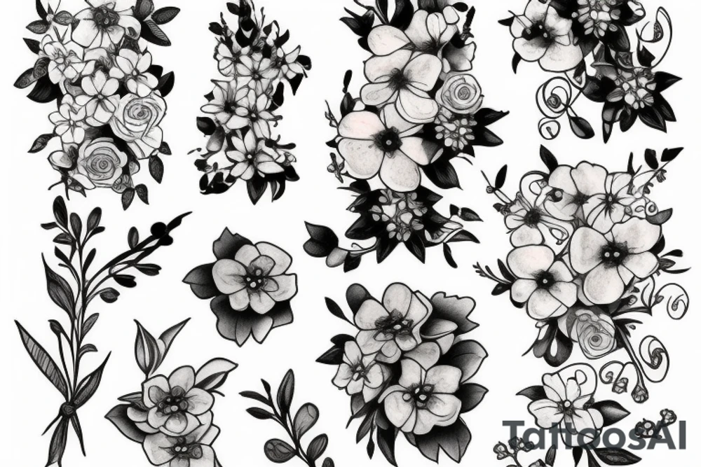 forget me not flower, rose, violet, primrose and honeysuckle in a bouquet tattoo idea