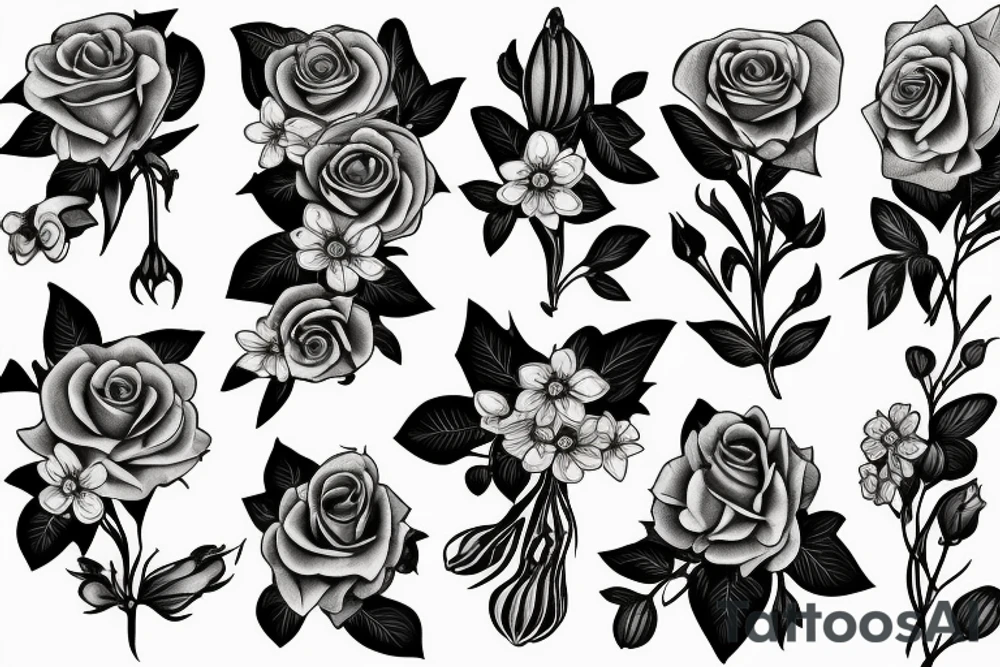forget me not flower, rose, violet, primrose and honeysuckle in a bouquet tattoo idea