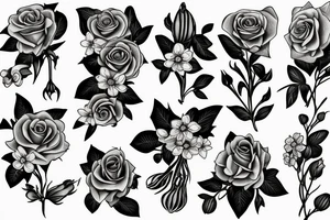 forget me not flower, rose, violet, primrose and honeysuckle in a bouquet tattoo idea
