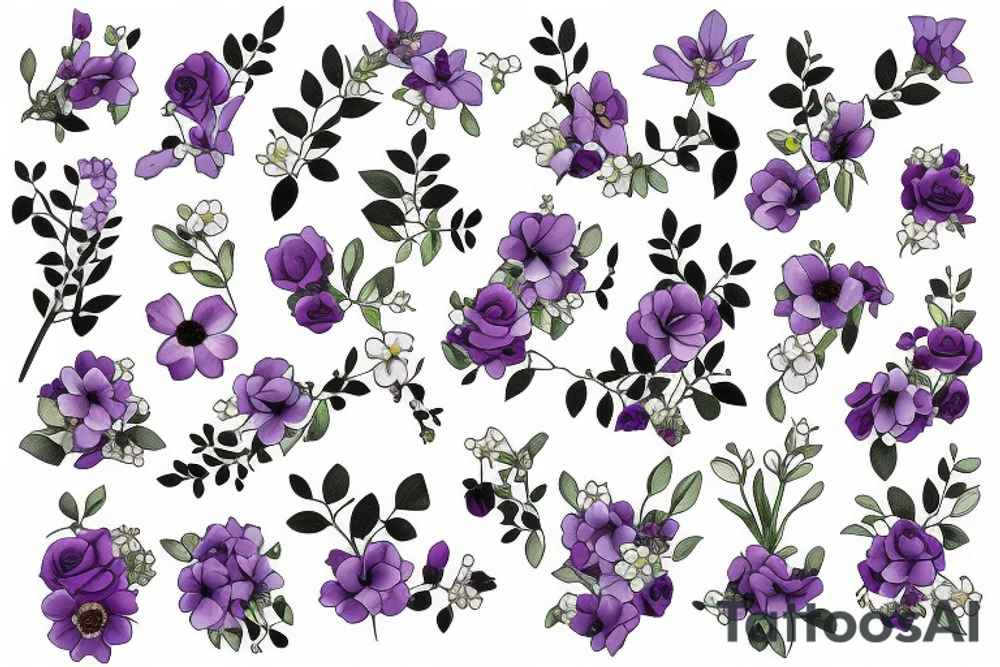 forget me not flower, rose, violet, primrose and honeysuckle in a bouquet tattoo idea