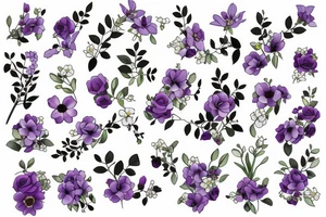 forget me not flower, rose, violet, primrose and honeysuckle in a bouquet tattoo idea