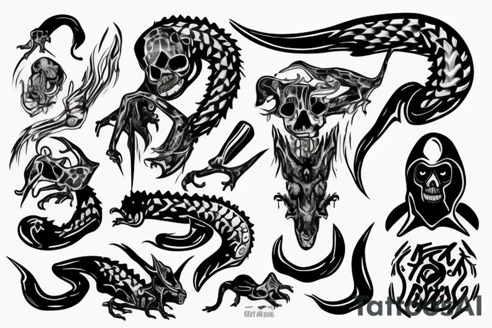 grim reaper with a knapsack and lizard tail tattoo idea