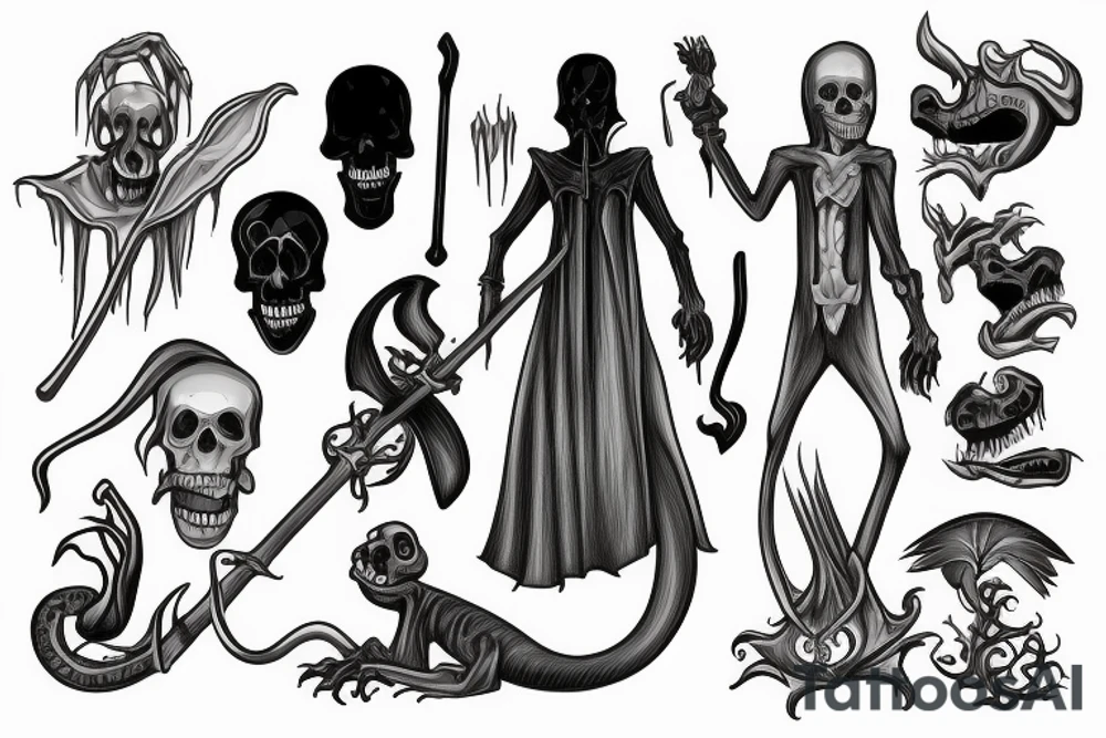 grim reaper with a knapsack and lizard tail tattoo idea