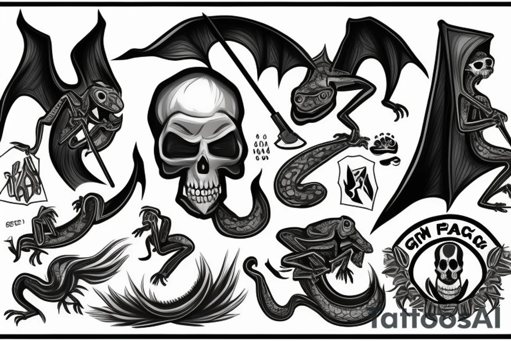 grim reaper with a knapsack and lizard tail tattoo idea