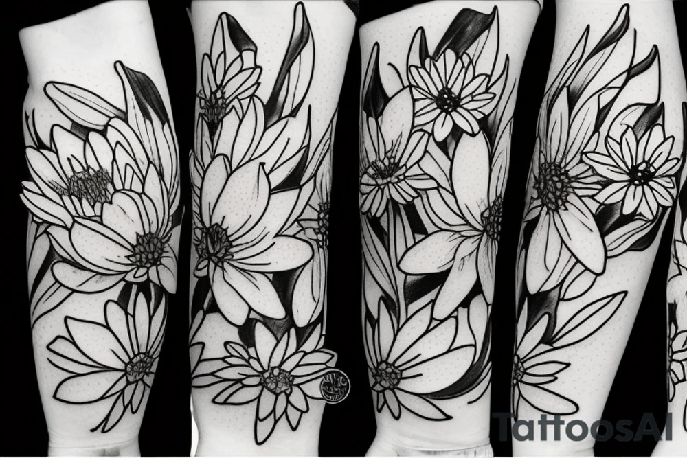One Water lily, one daffodil and two cosmos in a bouquet tattoo idea