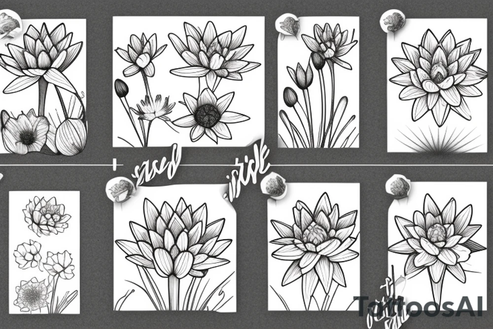 One Water lily, one daffodil and two cosmos in a bouquet tattoo idea