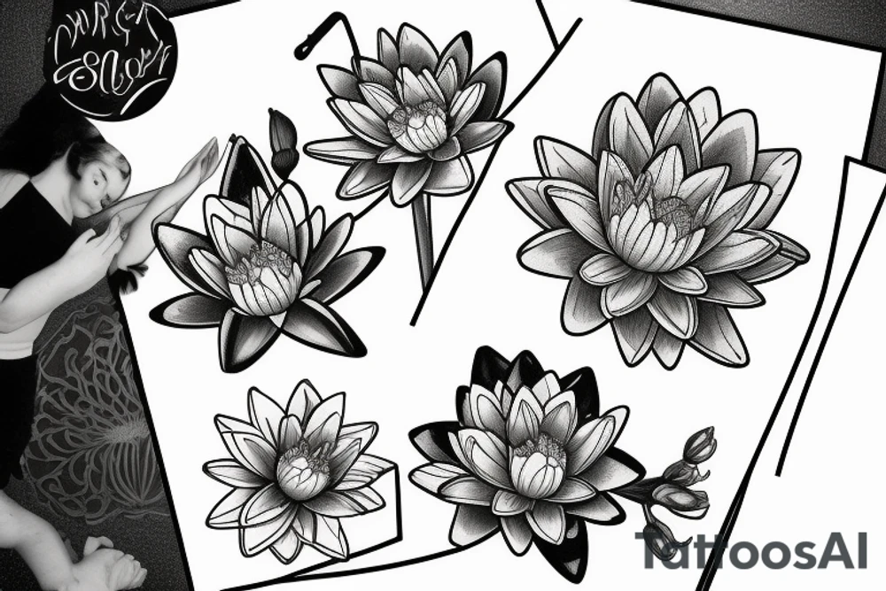 One Water lily, one daffodil and two cosmos in a bouquet tattoo idea