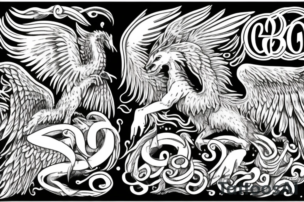 Griffin mythological creature with the phrase 'God's plans are perfect' tattoo idea