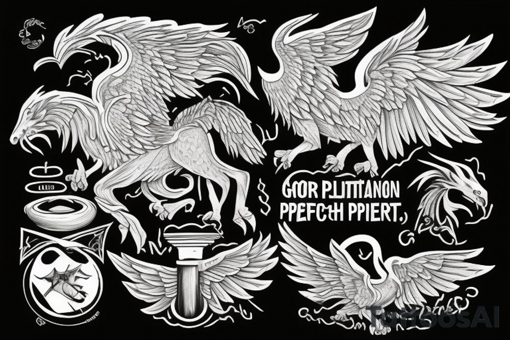 Griffin mythological creature with the phrase 'God's plans are perfect' tattoo idea