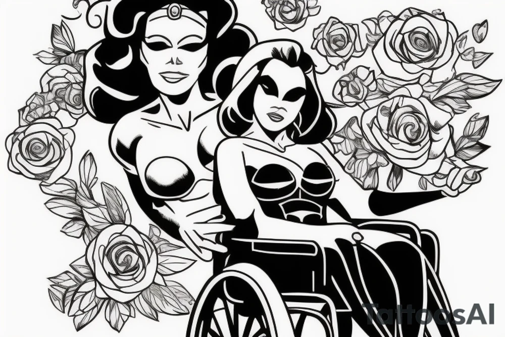 A super woman helping a man on a wheelchair tattoo idea