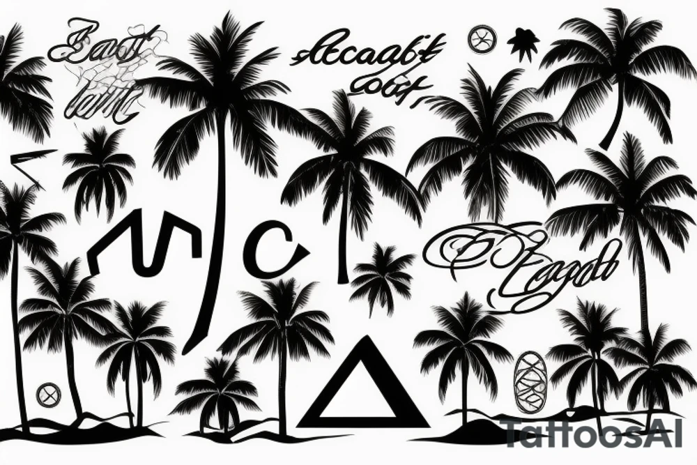 A sunset, with a beach, som palmtrees, and the letters A, E, H and R included tattoo idea