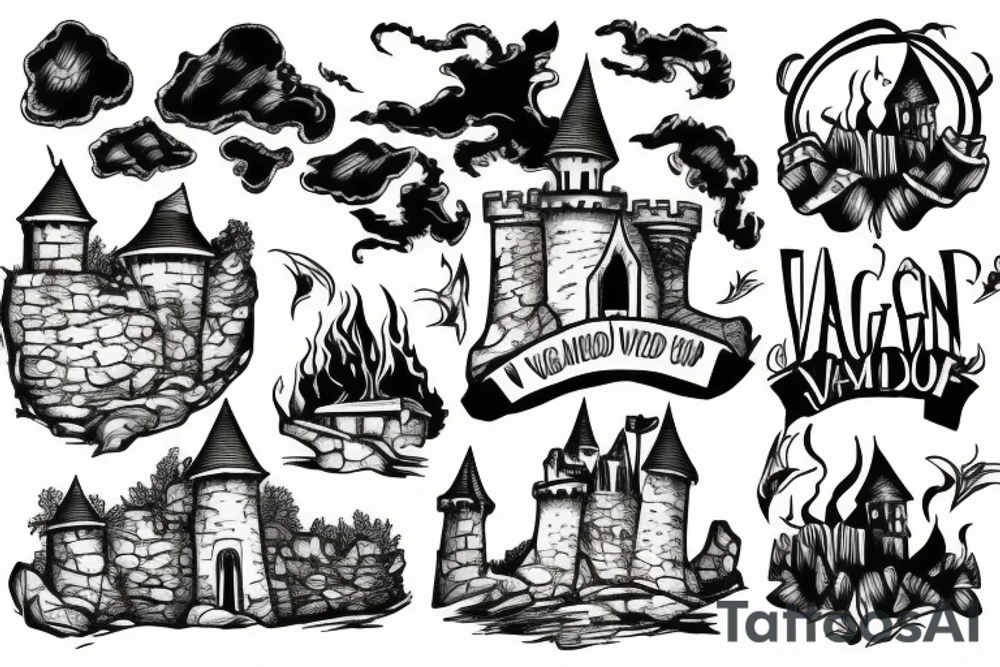 Old engraving vagabond next to a fire and a castle in the background tattoo idea