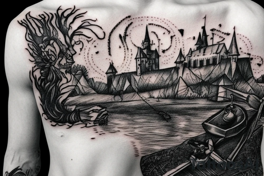 Old engraving vagabond next to a fire and a castle in the background tattoo idea