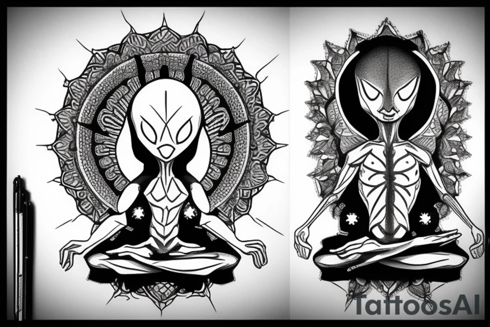 normal looking alien meditating that's symmetric and realistic tattoo idea
