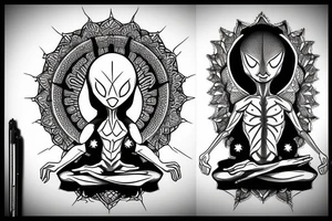 normal looking alien meditating that's symmetric and realistic tattoo idea