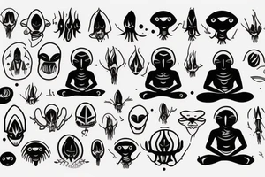 normal looking alien meditating that's symmetric and realistic tattoo idea