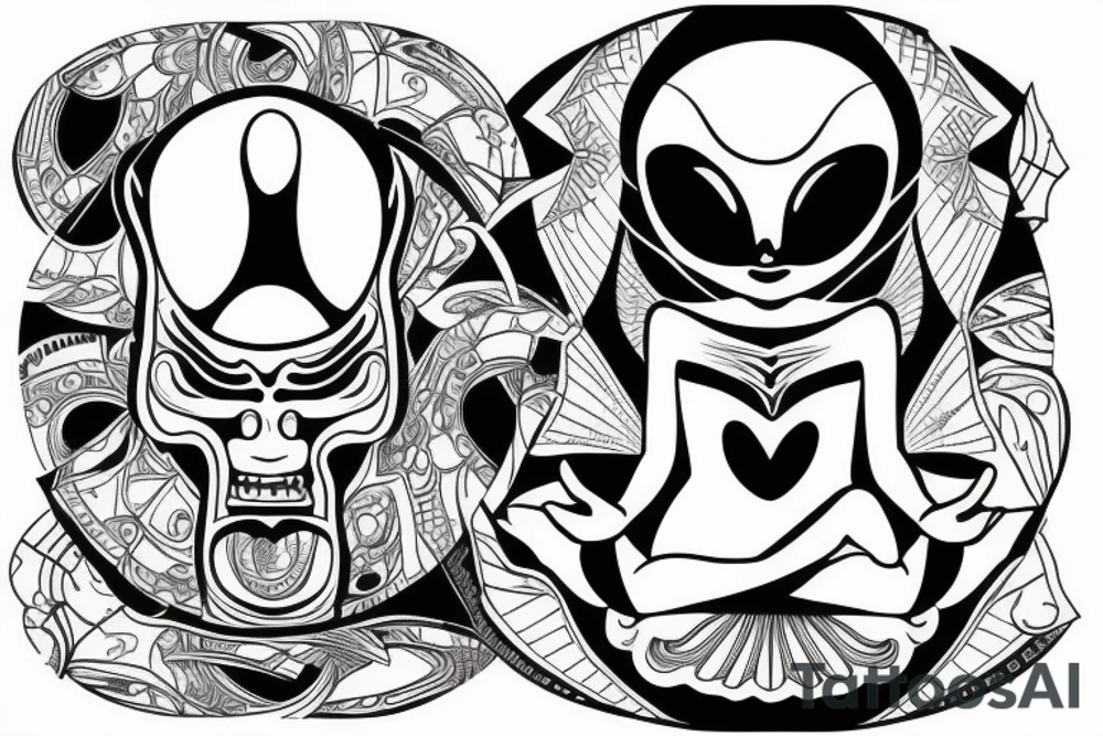 normal looking alien meditating that's symmetric and realistic tattoo idea