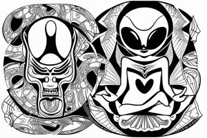 normal looking alien meditating that's symmetric and realistic tattoo idea