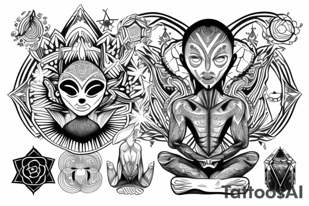 normal looking alien meditating that's symmetric and realistic tattoo idea