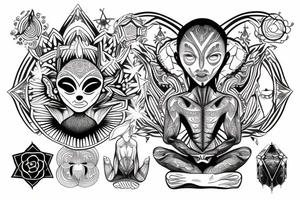 normal looking alien meditating that's symmetric and realistic tattoo idea