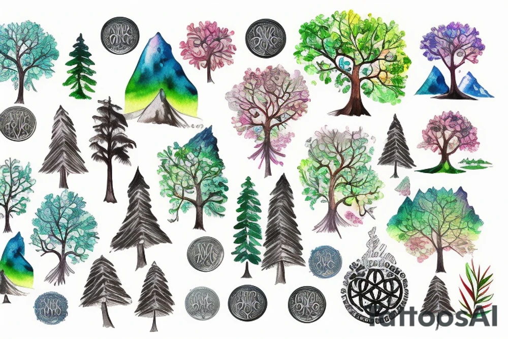 Tree of life surrounded by mountains and surf wrapped with su flower tattoo idea