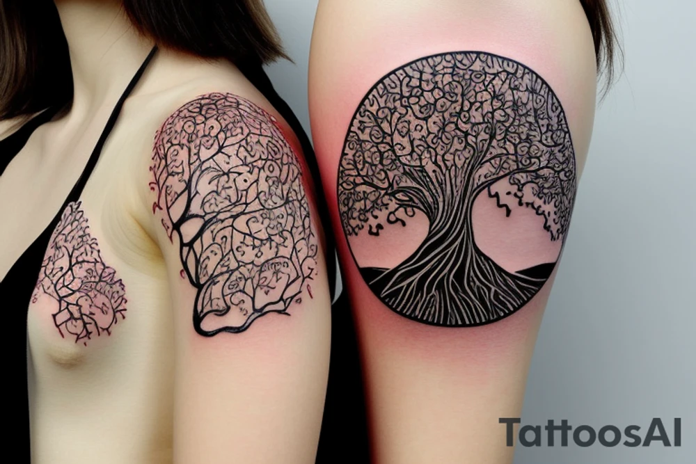 Tree of life surrounded by mountains and surf wrapped with su flower tattoo idea